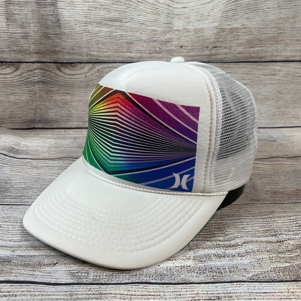 Hurley Trucker Hat White with Multicolor Retro Print Snapback 90's Y2K